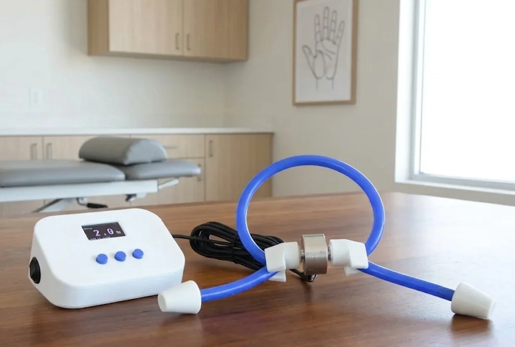 Splayometer device with hand loop attachment on a hand therapy clinic table