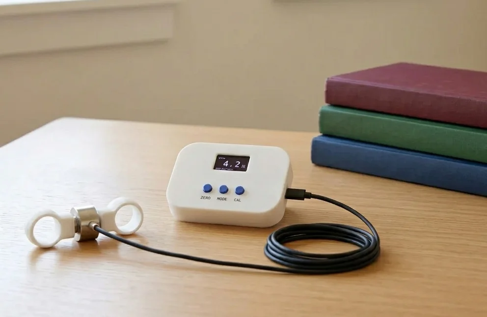 Splayometer device with finger ring attachments on a clinician's desk